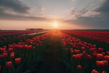 Fototapeta premium field, tulips, windmill, floral, background, nature, landscape, countryside, spring, flowers, rural, scenic, meadow