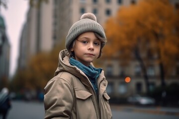 A young boy wearing a brown jacket