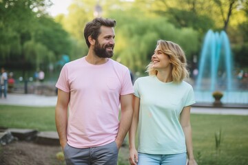 A man and a woman are walking in a park