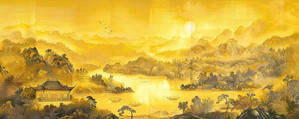 gold leaf extra effects with traditional Chinese landscape paintings
