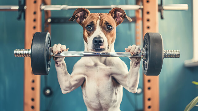 A photo of an dog lifting weights in the gym