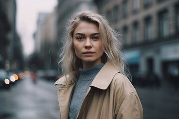 Fototapeta premium A blonde woman is standing on a wet street in front of a building
