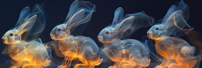 Obraz premium Rabbits in springtime come in various shapes and shades of yellow and dark blue.