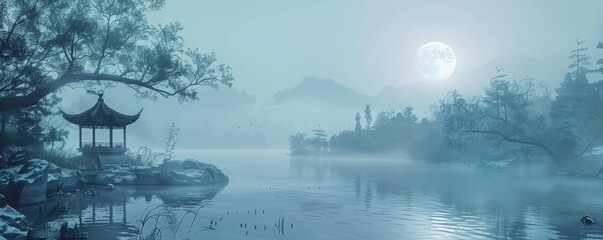 Winter, island, moon, pavilion, flowing river, stone, nature, and Chinese design of landscapes
