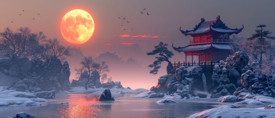 Obraz na płótnie Canvas Winter, island, moon, pavilion, flowing river, stone, nature, and Chinese design of landscapes