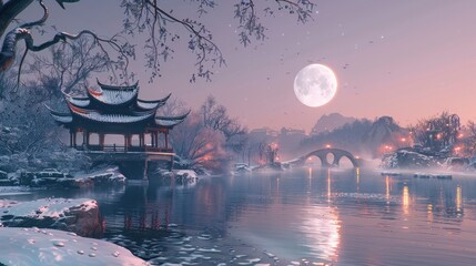 Winter, island, moon, pavilion, flowing river, stone, nature, and Chinese design of landscapes