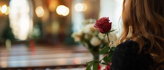 During the funeral, a black woman was holding a single rose.