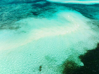 Turquoise lagoon surface on atoll and coral reef, copy space for text. Balabac, Palawan. Philippines.