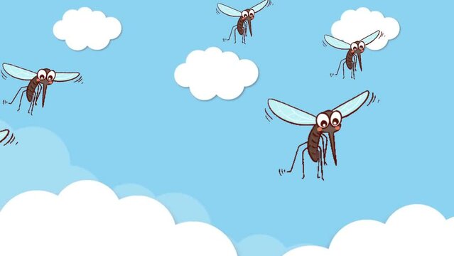 2d Loop Animated Funny Swarm of Cute Mosquitoes Soaring Against the Skyline