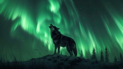 A wolf is standing on a hill in front of a green aurora. The image has a serene and peaceful mood, as the wolf is alone and the aurora is a beautiful natural phenomenon