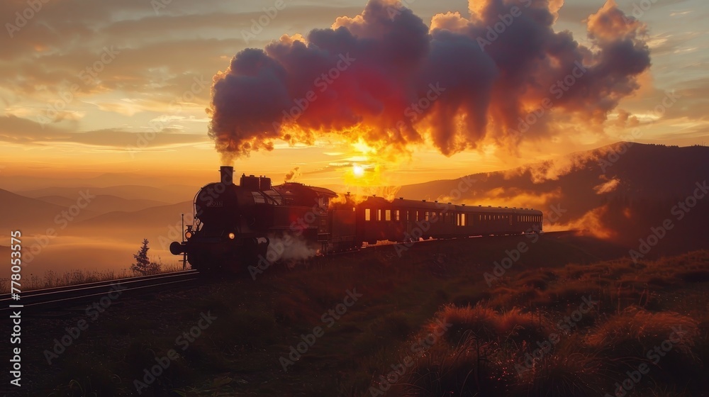 Wall mural a train is traveling down a track with a sunset in the background. the train is surrounded by a beau