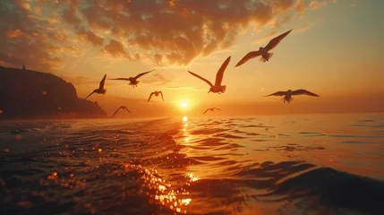 Fotobehang A flock of seagulls flying over the ocean at sunset. The sky is orange and the water is calm © Rattanathip