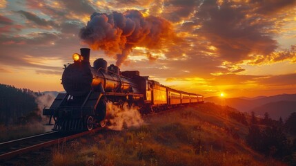 A steam train is traveling down a track with a beautiful sunset in the background. The train is the main focus of the image, and the sunset adds a sense of tranquility and serenity to the scene - obrazy, fototapety, plakaty