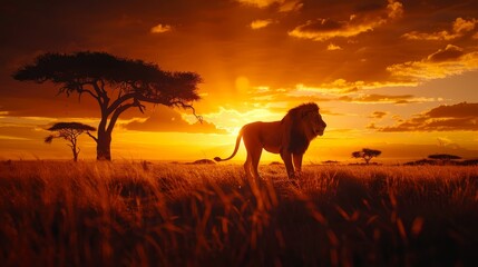 A lion is walking in the savanna at sunset. The sky is orange and the lion is the main focus of the image