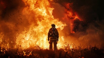 A firefighter stands in front of a burning forest. The fire is raging and the sky is filled with smoke. The scene is intense and dramatic