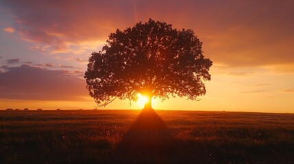 A tree is silhouetted against a beautiful sunset. The tree is the main focus of the image, and it is a large, majestic tree. The sky is filled with vibrant colors, creating a serene - obrazy, fototapety, plakaty