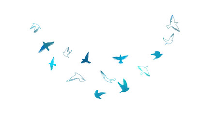 Fototapeta na wymiar A flock of blue watercolor flying birds. hand drawing. Not AI, Free birds abstraction. Vector illustration