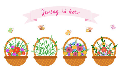 basket with flowers, spring is here. Vector Illustration for printing, backgrounds, covers and packaging. Image can be used for cards, posters, stickers and textile. Isolated on white background.