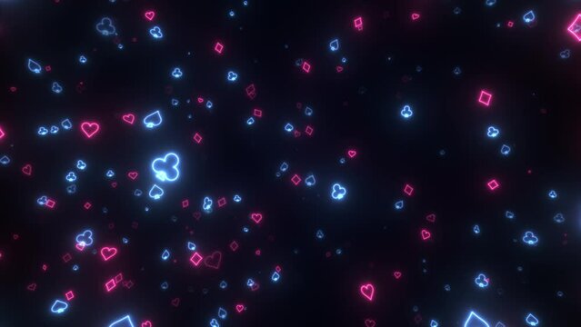 Neon red blue casino background looping with playing card suit symbols 3D render 4K. The neon signs of card suit icons. oncept of online casino and bet. Gambling animation of four playing card suits