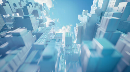 Obraz premium Blue background, white sky with skyscrapers made of cubes in the style of low poly. 