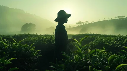 Rolgordijnen A woman is walking through a field of green plants. The field is foggy and the woman is wearing a hat © Rattanathip