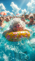 Vertical caricature of a nice grandmother with a float in a pool full of people