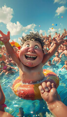 Vertical caricature of a cute child with a float in a pool full of people	 - obrazy, fototapety, plakaty