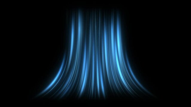 Cold air flow from conditioner effect. air light effect with blue rays. Freezing wind waves air blowing effect. Abstract directional optical fiber neon lines on black Background. Air cooling process