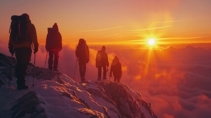 A group of people are hiking up a mountain and the sun is setting in the background. The sky is filled with clouds and the sun is shining brightly - obrazy, fototapety, plakaty
