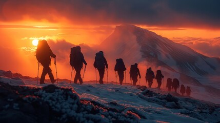 A group of people are hiking up a mountain, with the sun setting in the background. Scene is peaceful and serene, as the group of hikers make their way up the mountain - obrazy, fototapety, plakaty