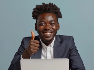 Business afro american guy in positive mood giving a thumbs up