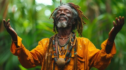 Portrait of jamaican tribesman smiling and meditating with raised arms and closed eyes in the forest