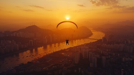 A man is flying a parachute over a city with a beautiful sunset in the background. The sky is orange and the sun is setting - obrazy, fototapety, plakaty