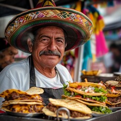 Authentic mexican chef serving tacos in street food market