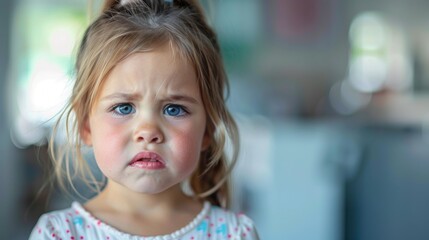 A young caucasian girl child with sad and upset expression . Copy space