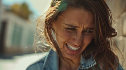 Headshot of woman crying and having a bad time outdoors in the street