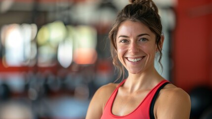 Young smiling fitness instructor girl in a gym. Wellbeing and positive mood concept with copy space