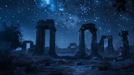 A dark, starry night with ruins in the background. The ruins are old and crumbling, and the stars are shining brightly in the sky. Scene is mysterious and eerie, as the ruins seem to be lost in time