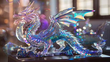 An intricate crystalline sculpture of a mythical dragon