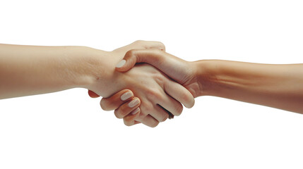  A close-up of a businesswoman's hand firmly shaking another hand, symbolizing a successful deal, against a white background. 
