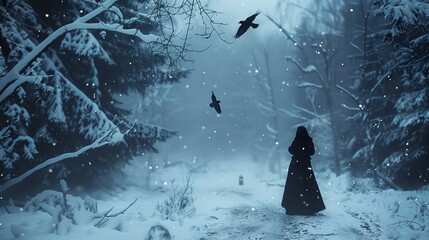 woman in a long black dress standing in the winter forest with black birds flying around.