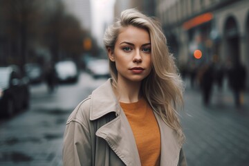A blonde woman wearing a tan coat and a yellow shirt stands on a city street