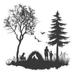 Silhouette camp activity in nature full body black color only