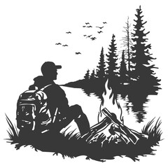 Fototapeta na wymiar Silhouette camp activity with bonfire in nature black color only