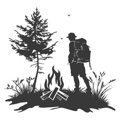 Silhouette camp activity with bonfire in nature black color only