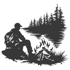 Silhouette camp activity with bonfire in nature black color only