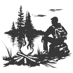 Silhouette camp activity with bonfire in nature black color only