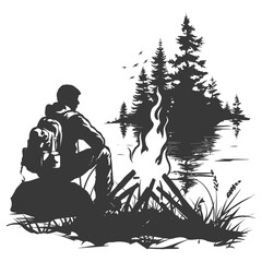 Silhouette camp activity with bonfire in nature black color only