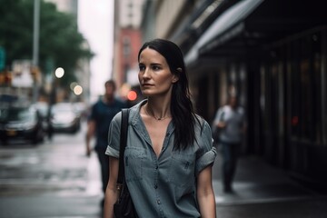 A woman is walking down a city street with a black purse