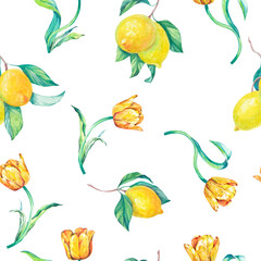 Watercolor seamless pattern with tulips and lemons. Delicious spring pattern. Italian pattern